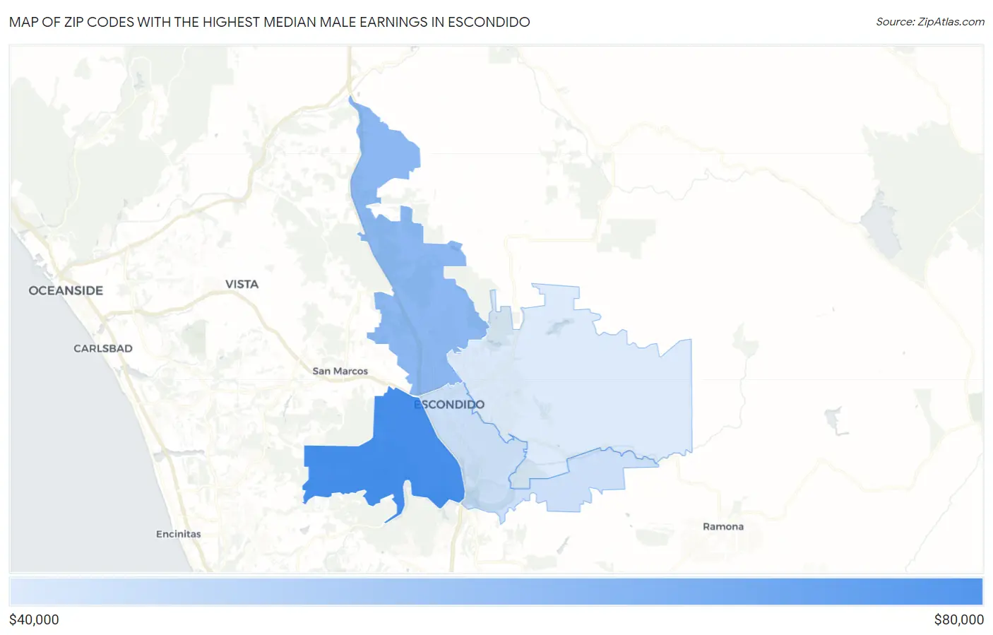 Zip Codes with the Highest Median Male Earnings in Escondido Map