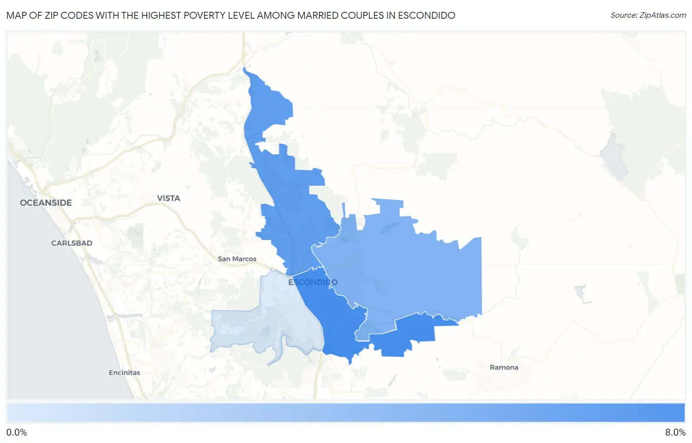 Zip Codes with the Highest Poverty Level Among Married Couples in Escondido Map