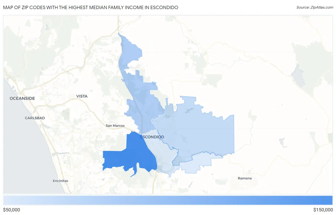 Zip Codes with the Highest Median Family Income in Escondido Map