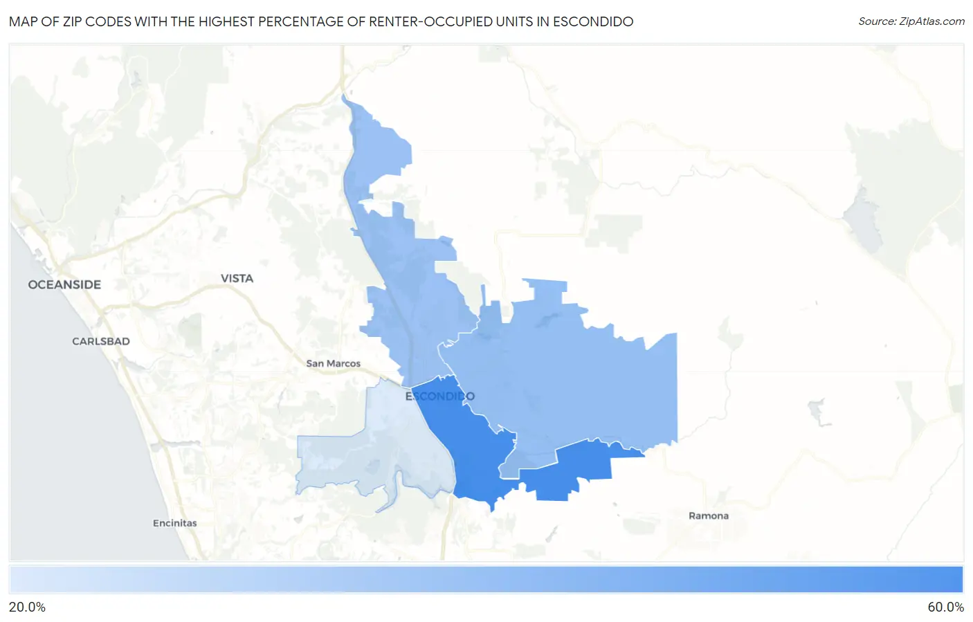 Zip Codes with the Highest Percentage of Renter-Occupied Units in Escondido Map