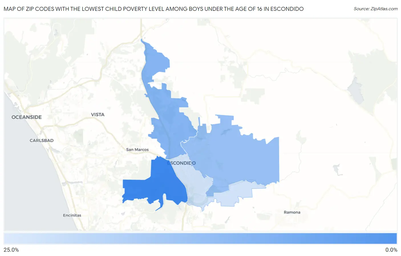 Zip Codes with the Lowest Child Poverty Level Among Boys Under the Age of 16 in Escondido Map
