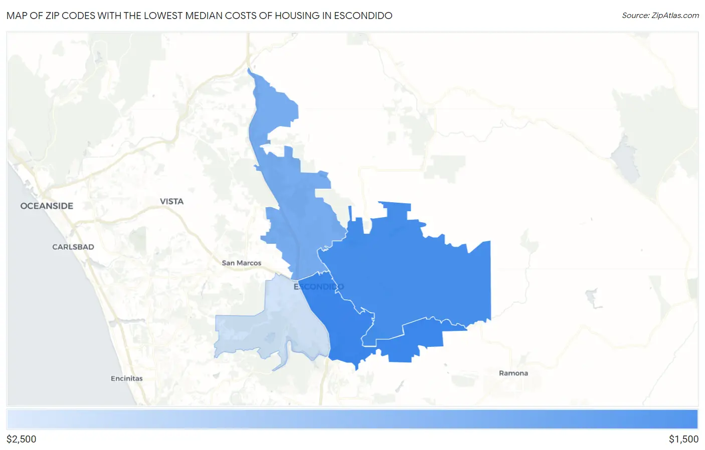Zip Codes with the Lowest Median Costs of Housing in Escondido Map