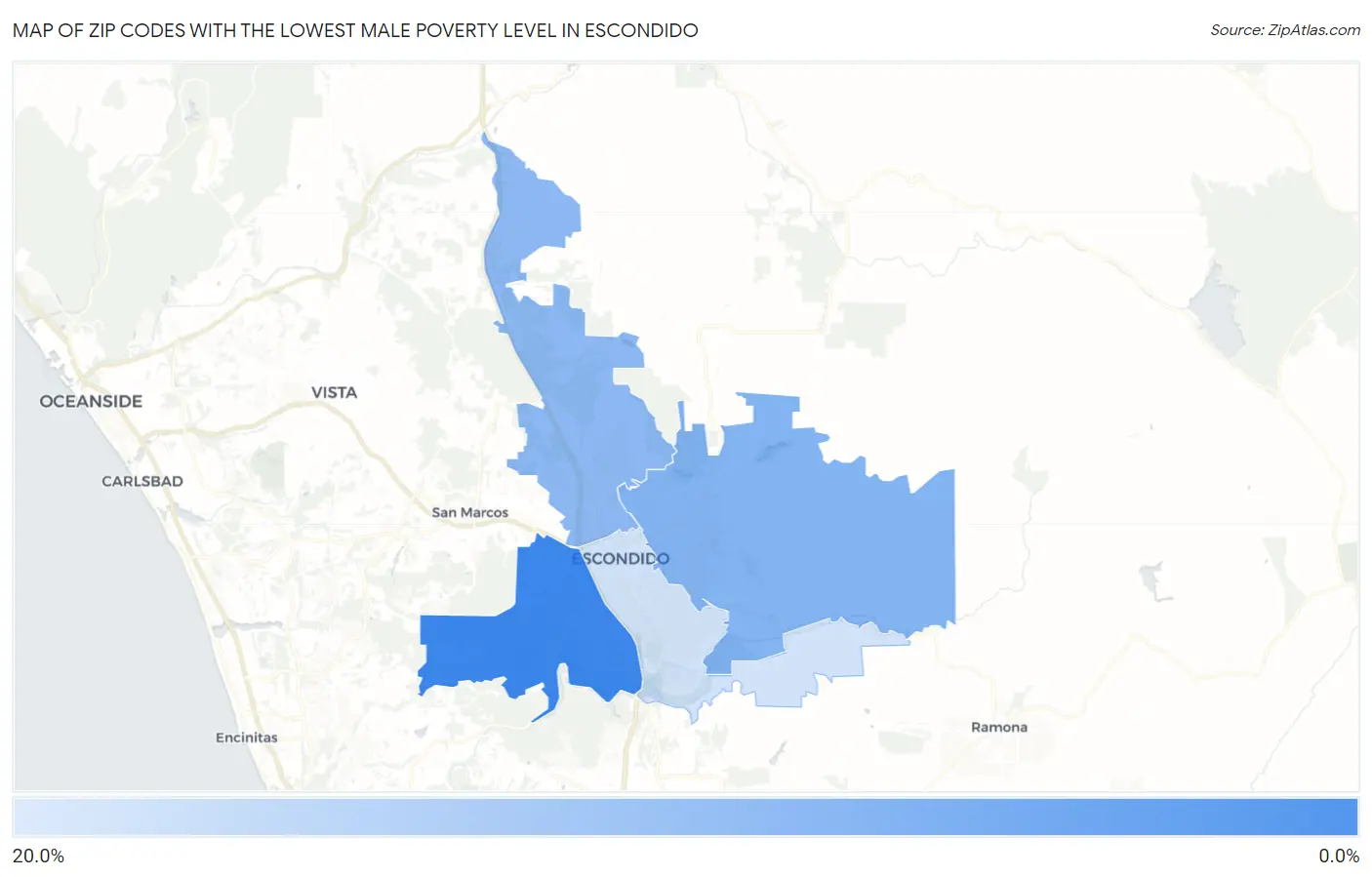 Zip Codes with the Lowest Male Poverty Level in Escondido Map
