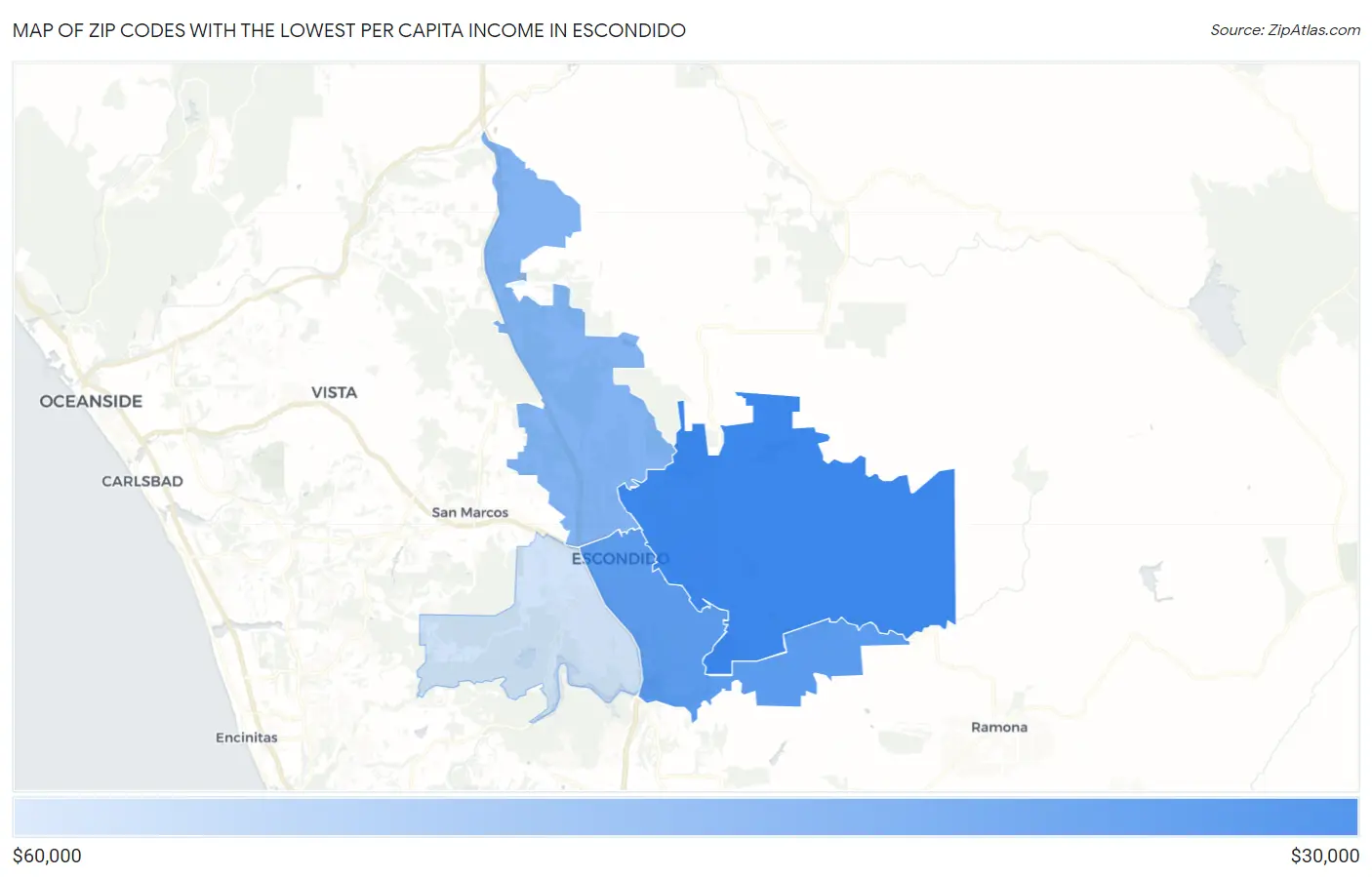Zip Codes with the Lowest Per Capita Income in Escondido Map