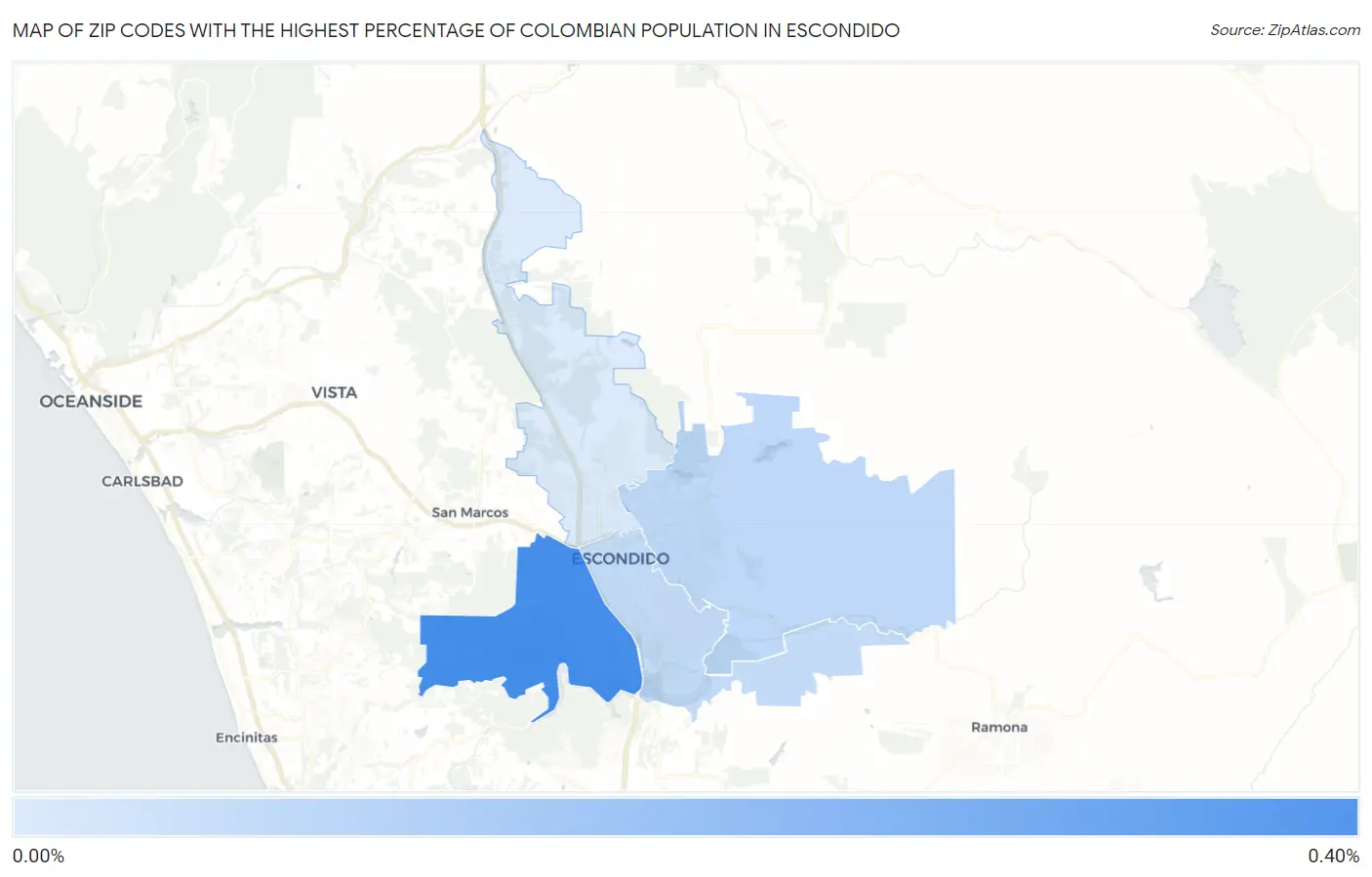 Zip Codes with the Highest Percentage of Colombian Population in Escondido Map