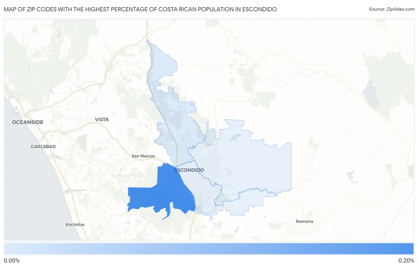 Zip Codes with the Highest Percentage of Costa Rican Population in Escondido Map