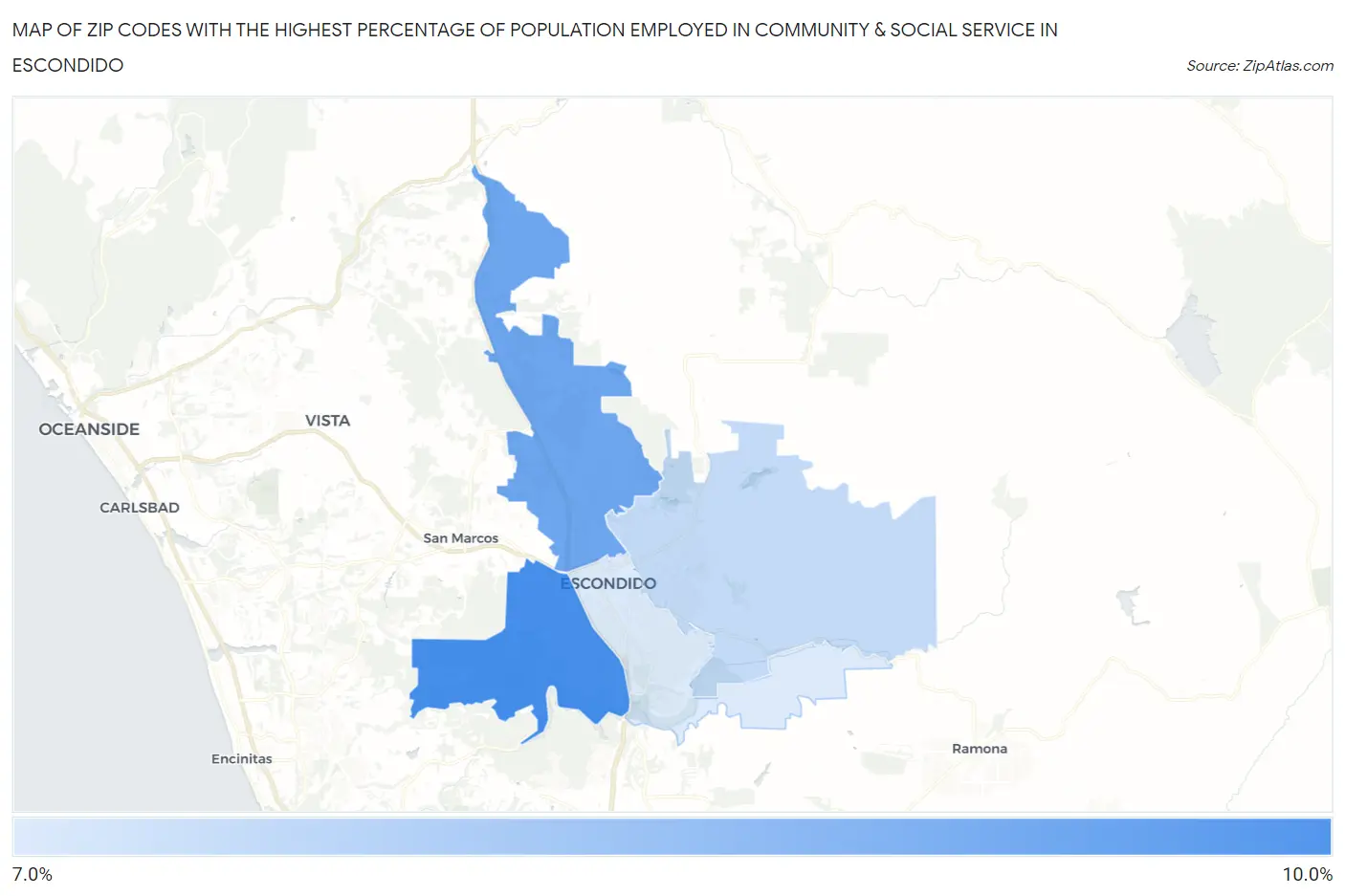 Zip Codes with the Highest Percentage of Population Employed in Community & Social Service  in Escondido Map