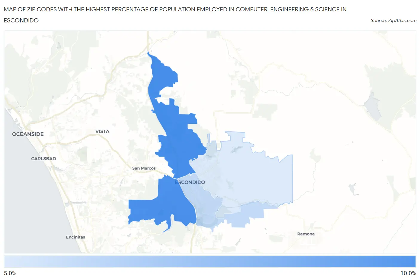 Zip Codes with the Highest Percentage of Population Employed in Computer, Engineering & Science in Escondido Map
