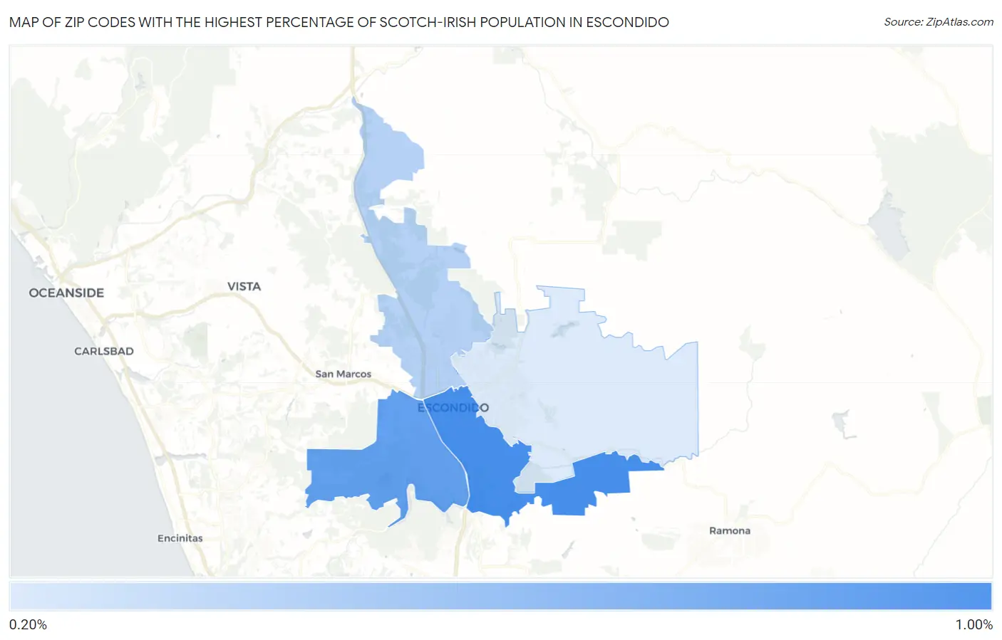 Zip Codes with the Highest Percentage of Scotch-Irish Population in Escondido Map
