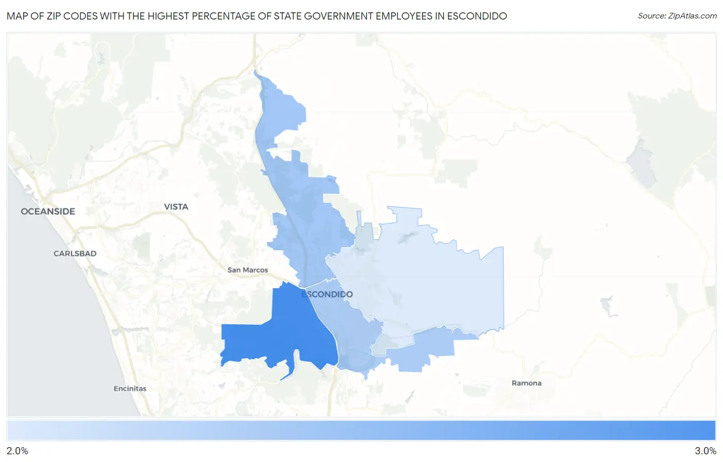 Zip Codes with the Highest Percentage of State Government Employees in Escondido Map
