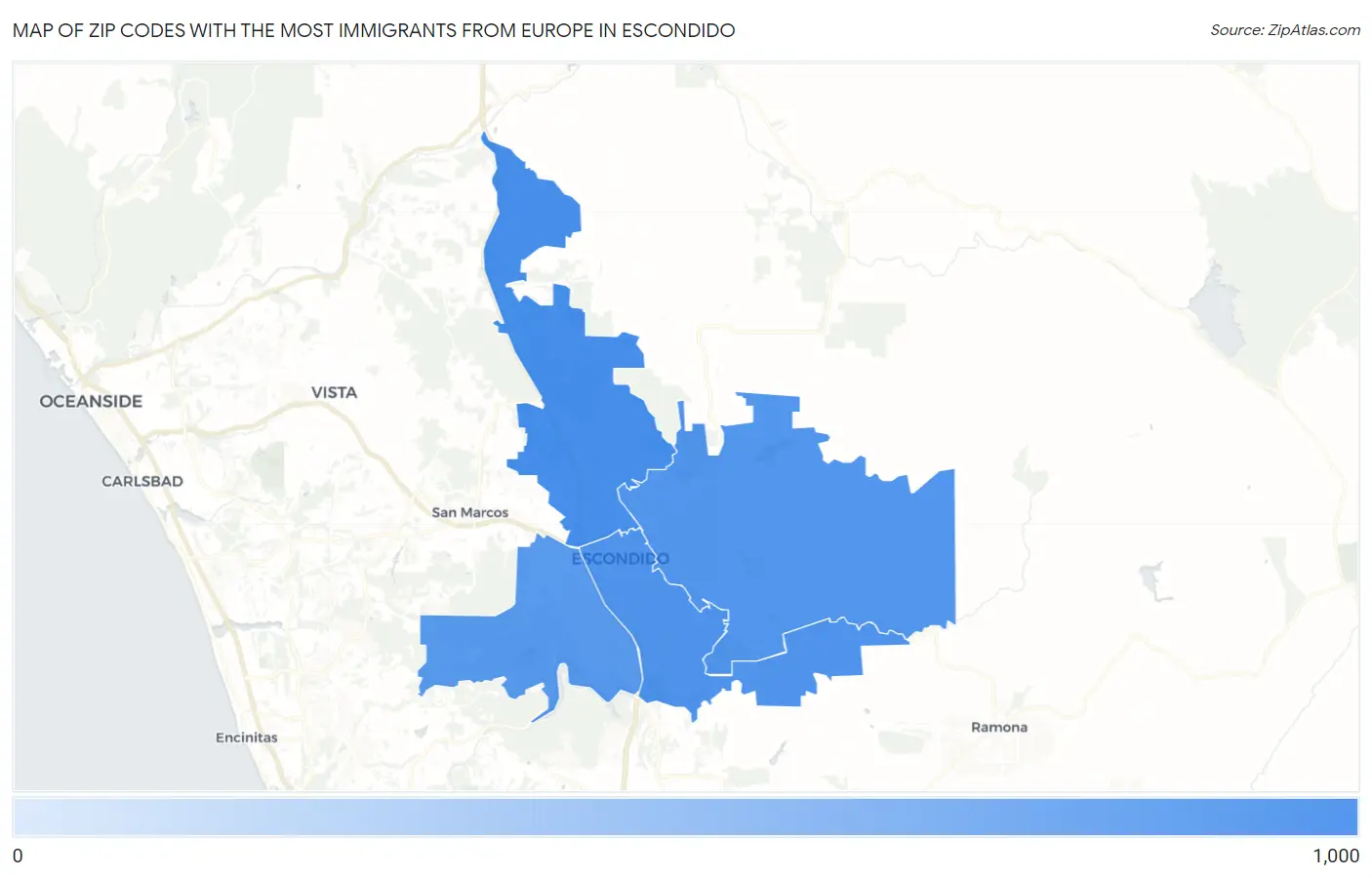 Zip Codes with the Most Immigrants from Europe in Escondido Map