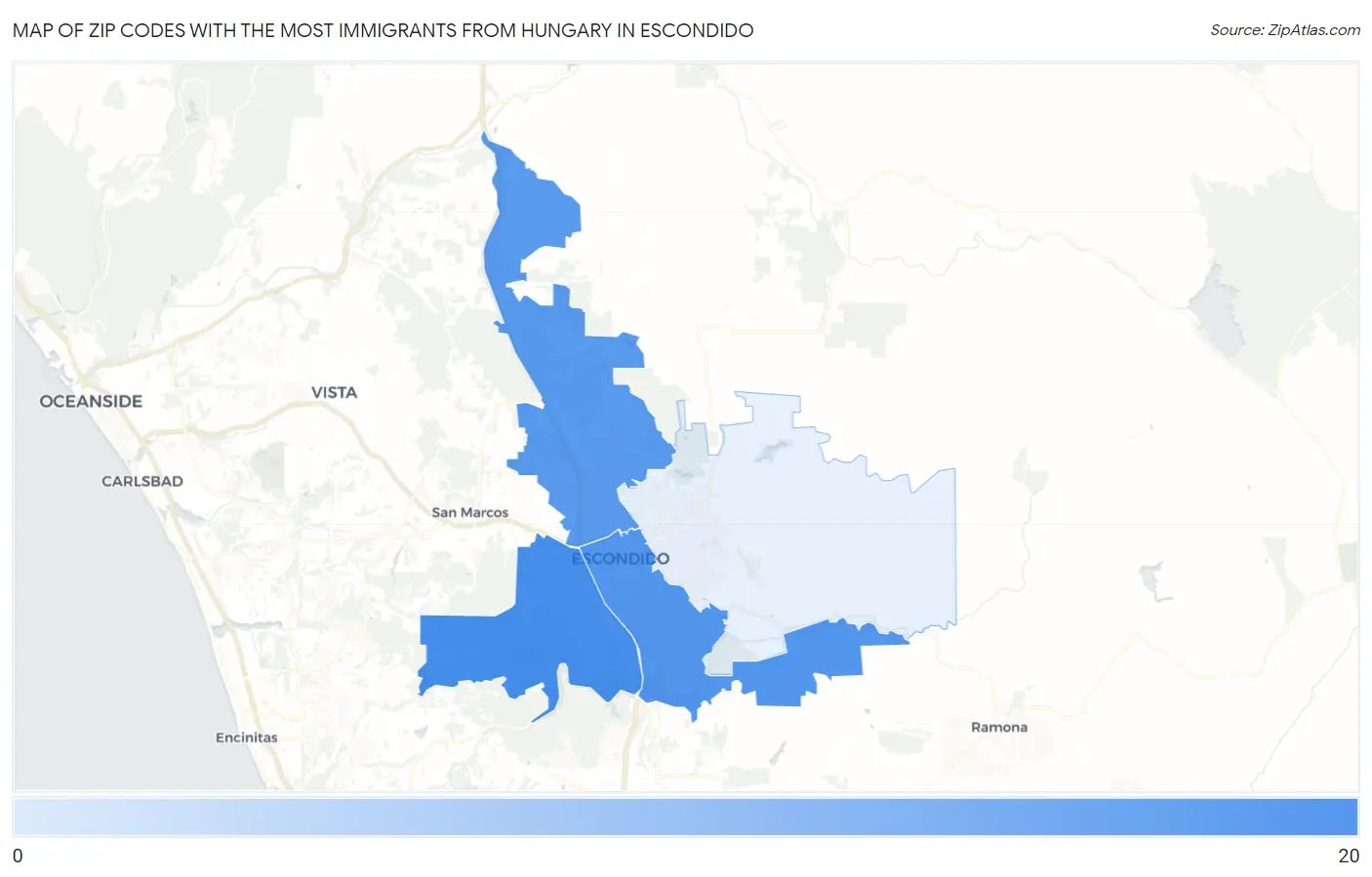 Zip Codes with the Most Immigrants from Hungary in Escondido Map