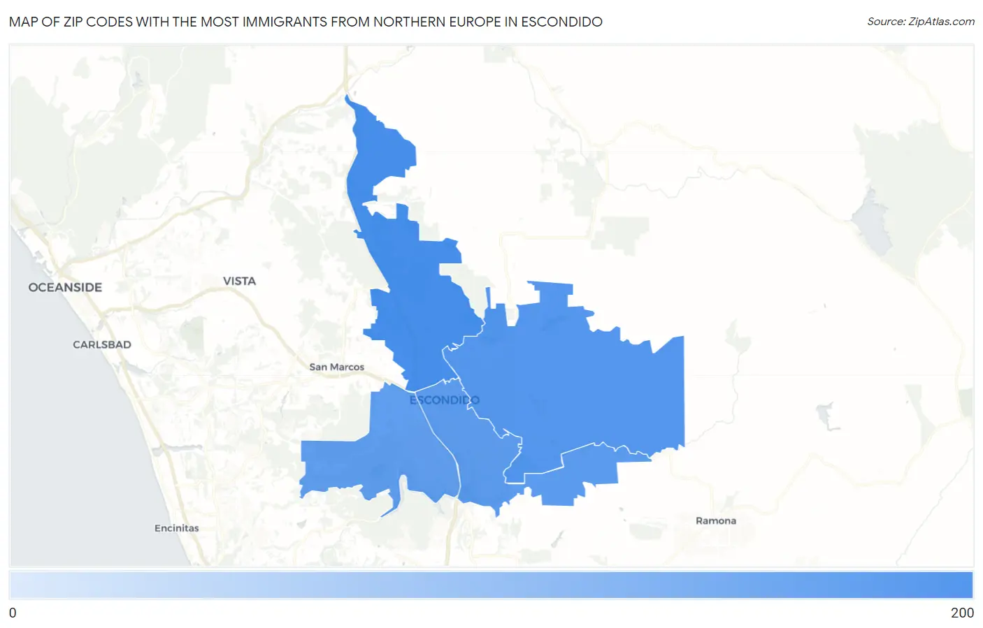 Zip Codes with the Most Immigrants from Northern Europe in Escondido Map