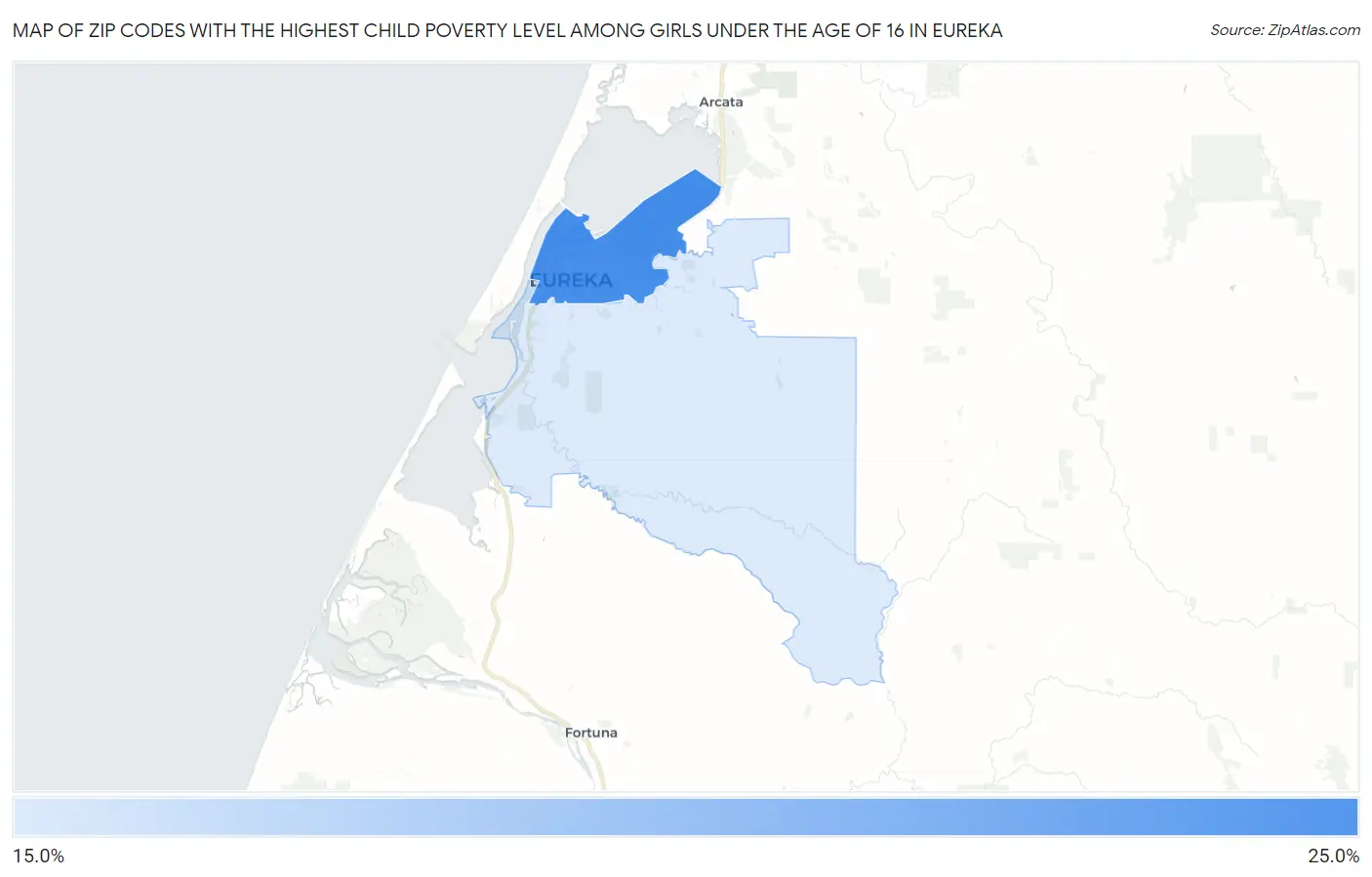 Zip Codes with the Highest Child Poverty Level Among Girls Under the Age of 16 in Eureka Map