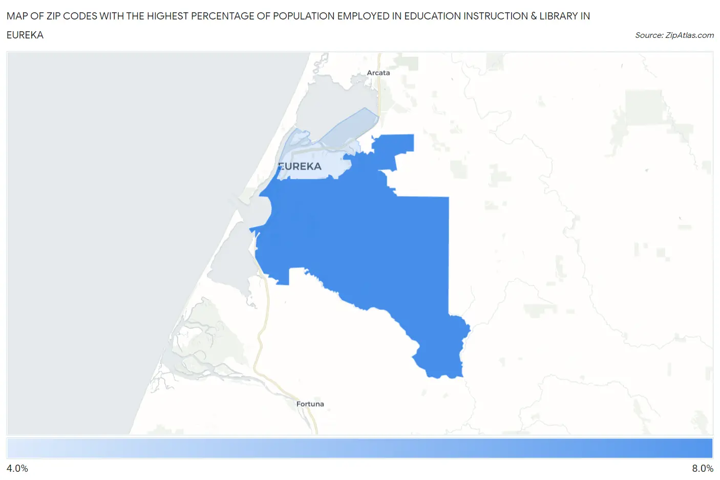 Zip Codes with the Highest Percentage of Population Employed in Education Instruction & Library in Eureka Map