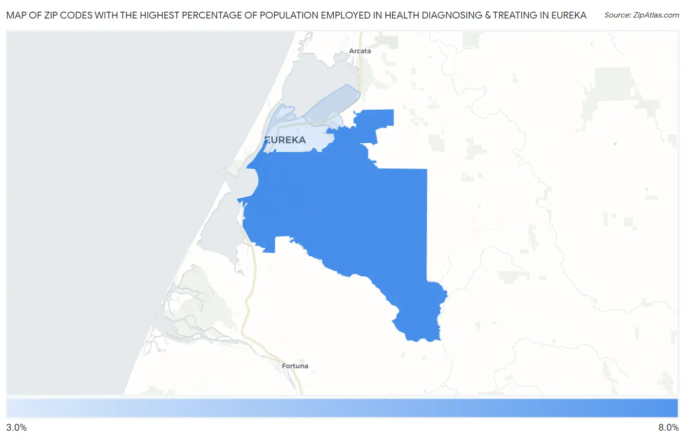 Zip Codes with the Highest Percentage of Population Employed in Health Diagnosing & Treating in Eureka Map