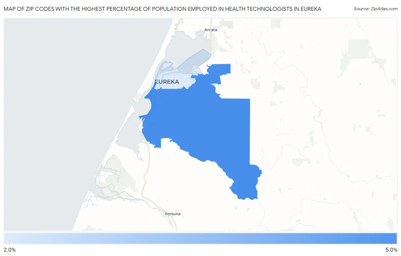 Zip Codes with the Highest Percentage of Population Employed in Health Technologists in Eureka Map