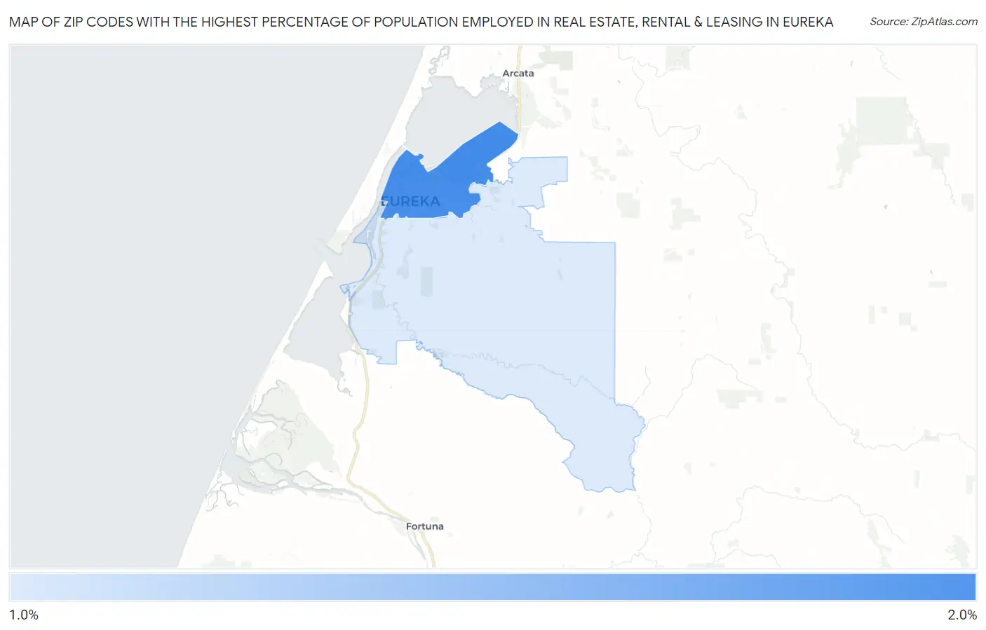 Zip Codes with the Highest Percentage of Population Employed in Real Estate, Rental & Leasing in Eureka Map
