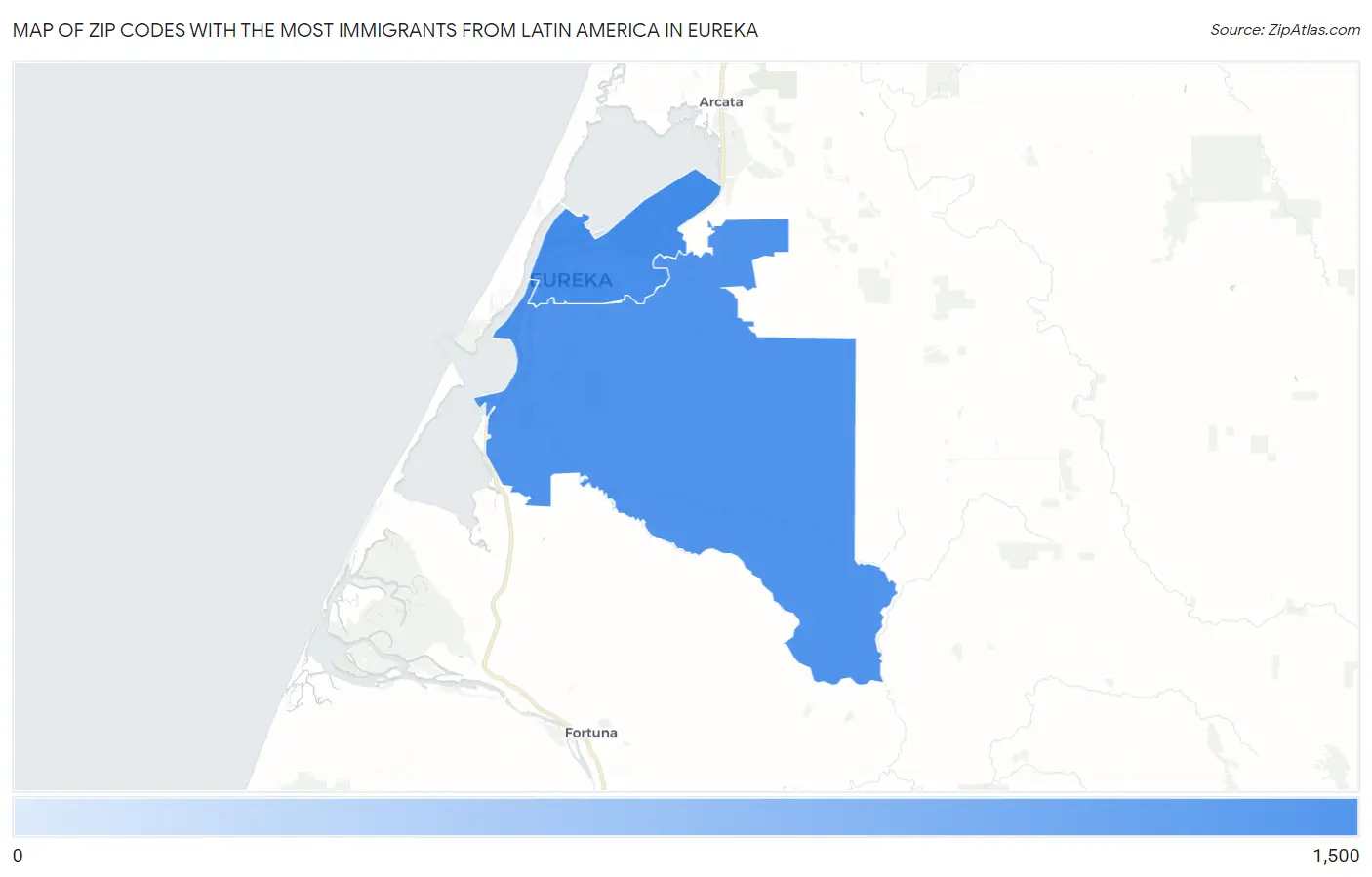 Zip Codes with the Most Immigrants from Latin America in Eureka Map