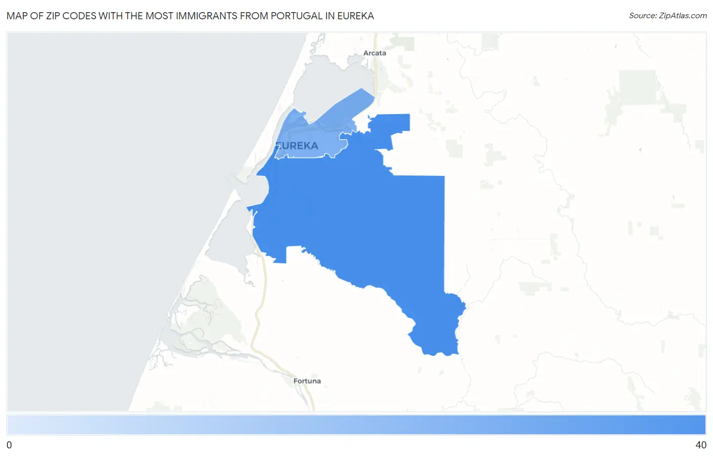 Zip Codes with the Most Immigrants from Portugal in Eureka Map