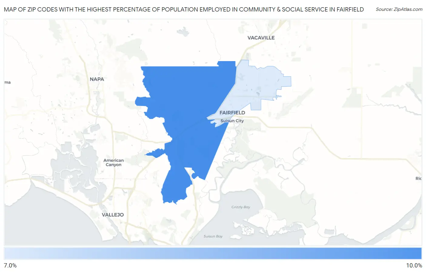 Zip Codes with the Highest Percentage of Population Employed in Community & Social Service  in Fairfield Map