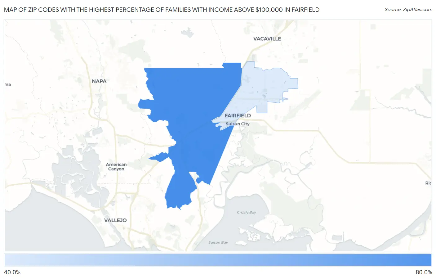 Zip Codes with the Highest Percentage of Families with Income Above $100,000 in Fairfield Map