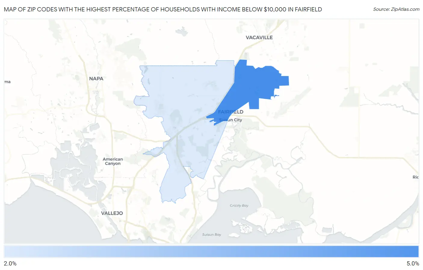 Zip Codes with the Highest Percentage of Households with Income Below $10,000 in Fairfield Map