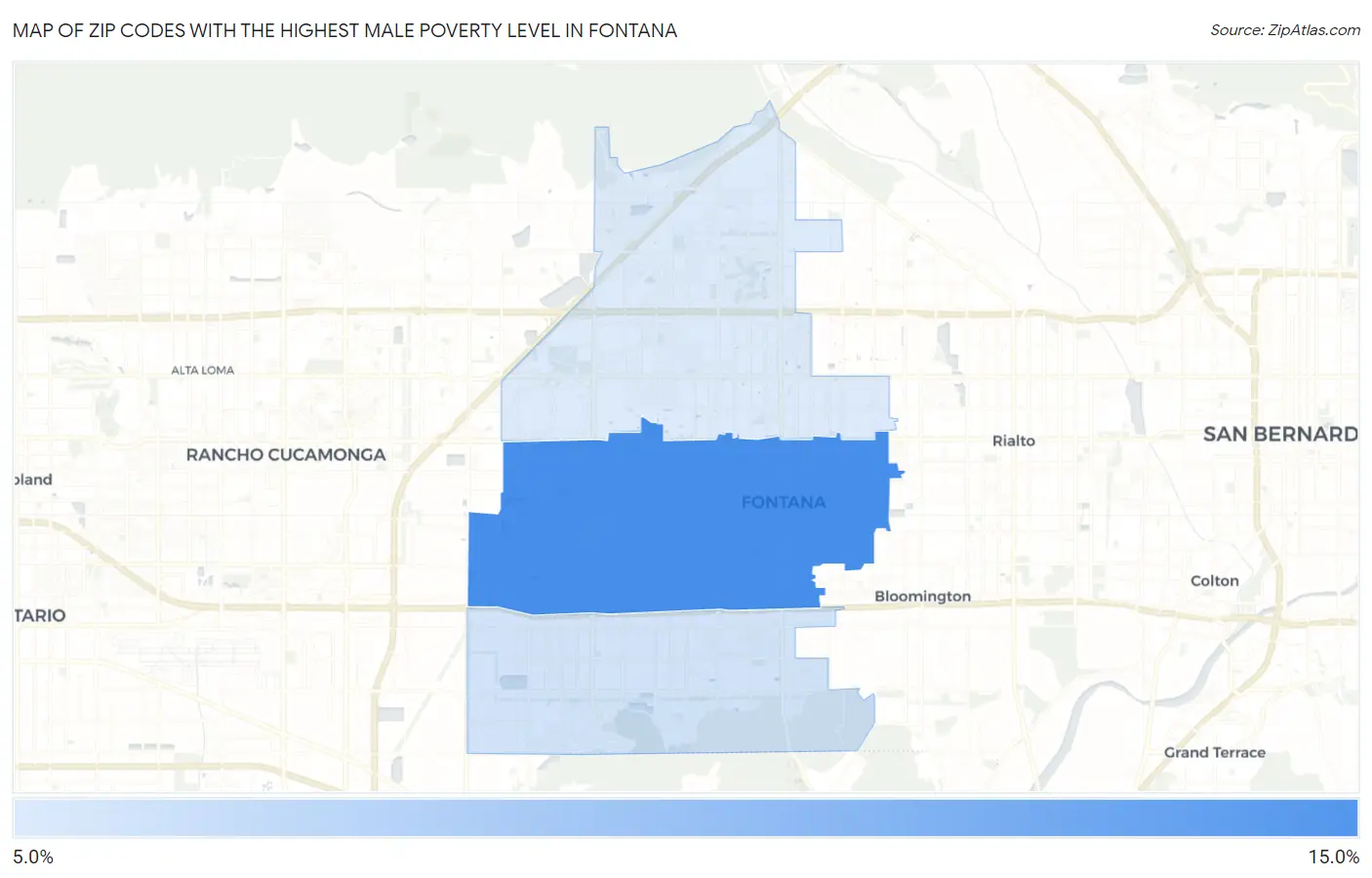 Zip Codes with the Highest Male Poverty Level in Fontana Map