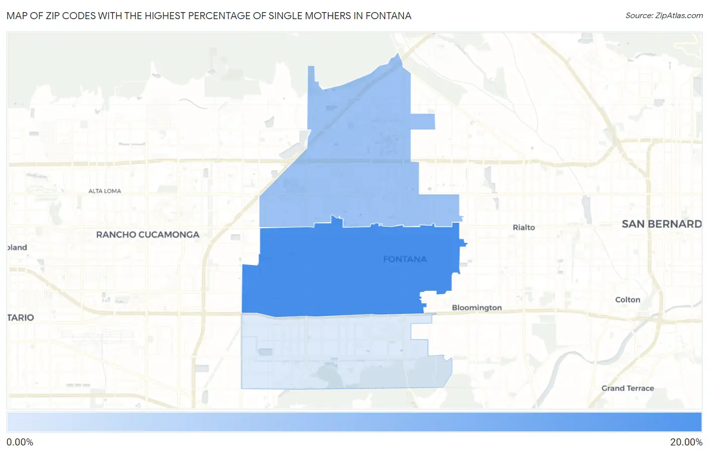 Zip Codes with the Highest Percentage of Single Mothers in Fontana Map