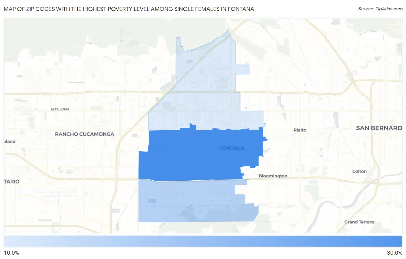 Zip Codes with the Highest Poverty Level Among Single Females in Fontana Map