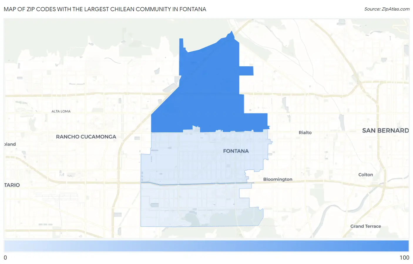 Zip Codes with the Largest Chilean Community in Fontana Map