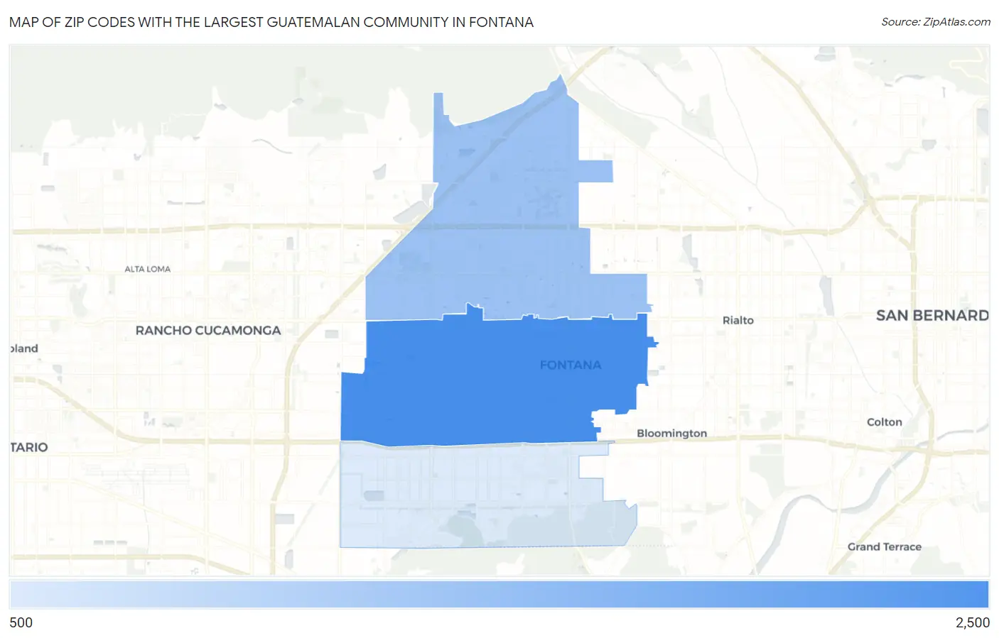 Zip Codes with the Largest Guatemalan Community in Fontana Map