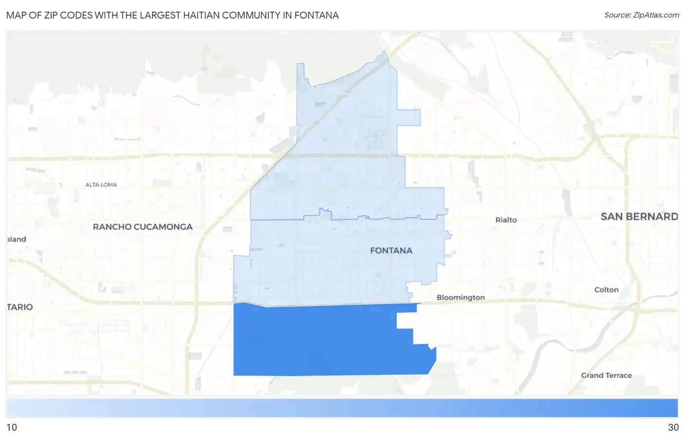 Zip Codes with the Largest Haitian Community in Fontana Map