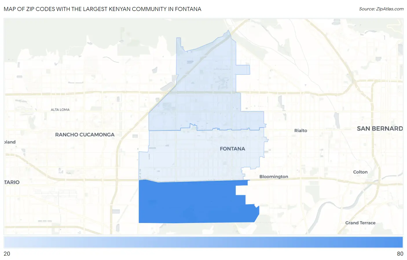 Zip Codes with the Largest Kenyan Community in Fontana Map