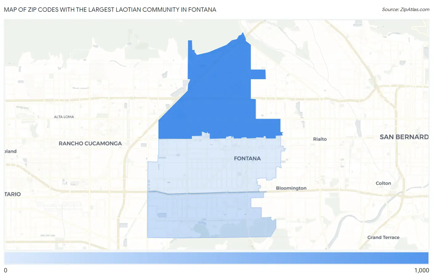 Zip Codes with the Largest Laotian Community in Fontana Map