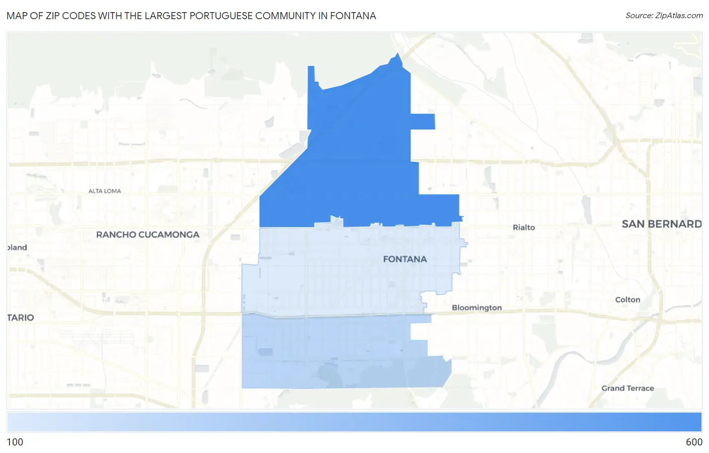 Zip Codes with the Largest Portuguese Community in Fontana Map