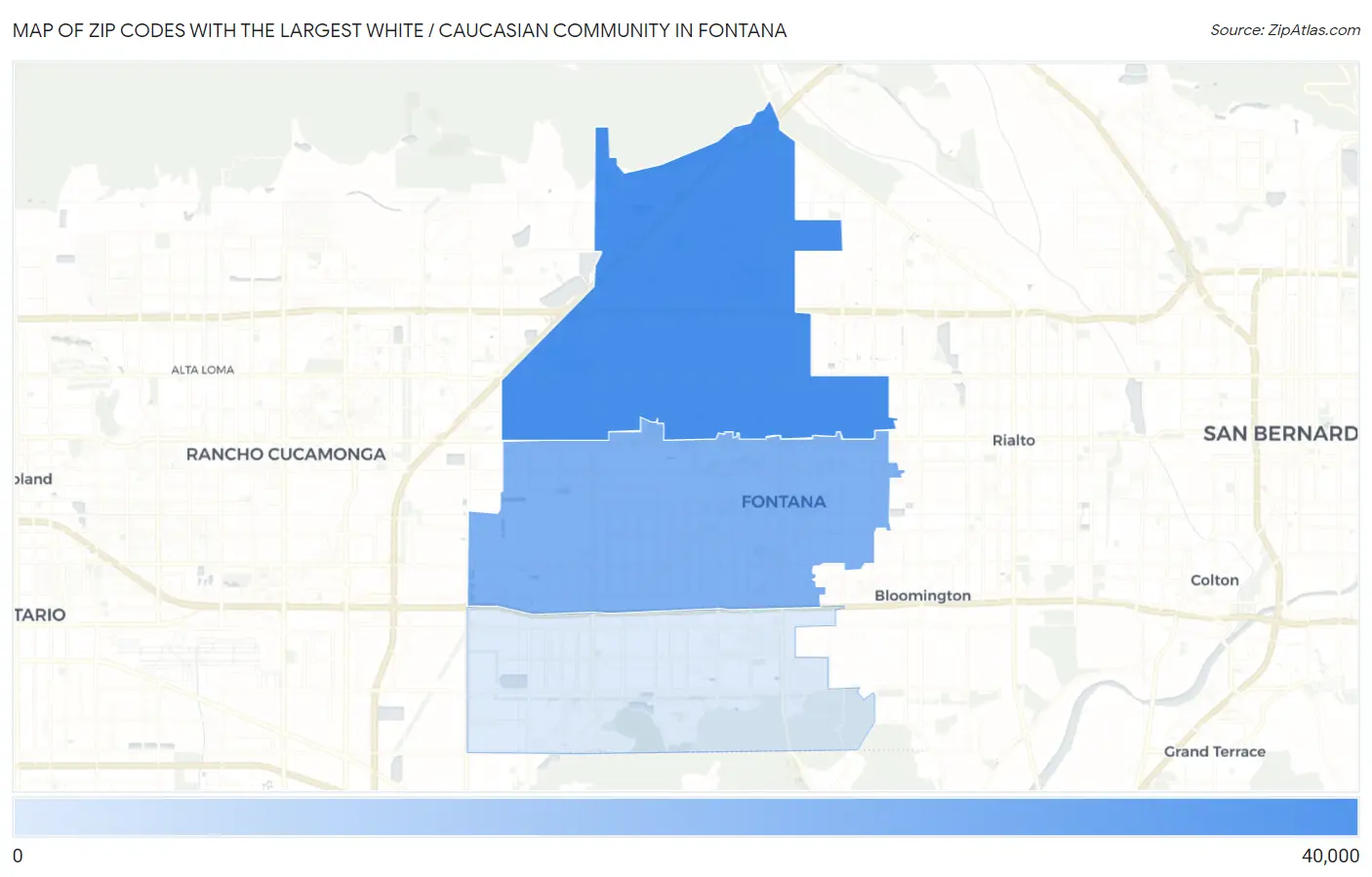 Zip Codes with the Largest White / Caucasian Community in Fontana Map