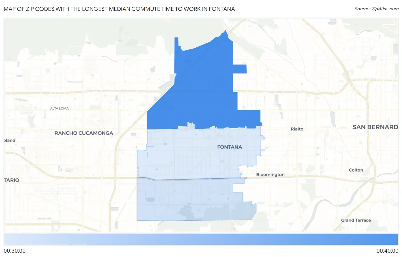 Zip Codes with the Longest Median Commute Time to Work in Fontana Map