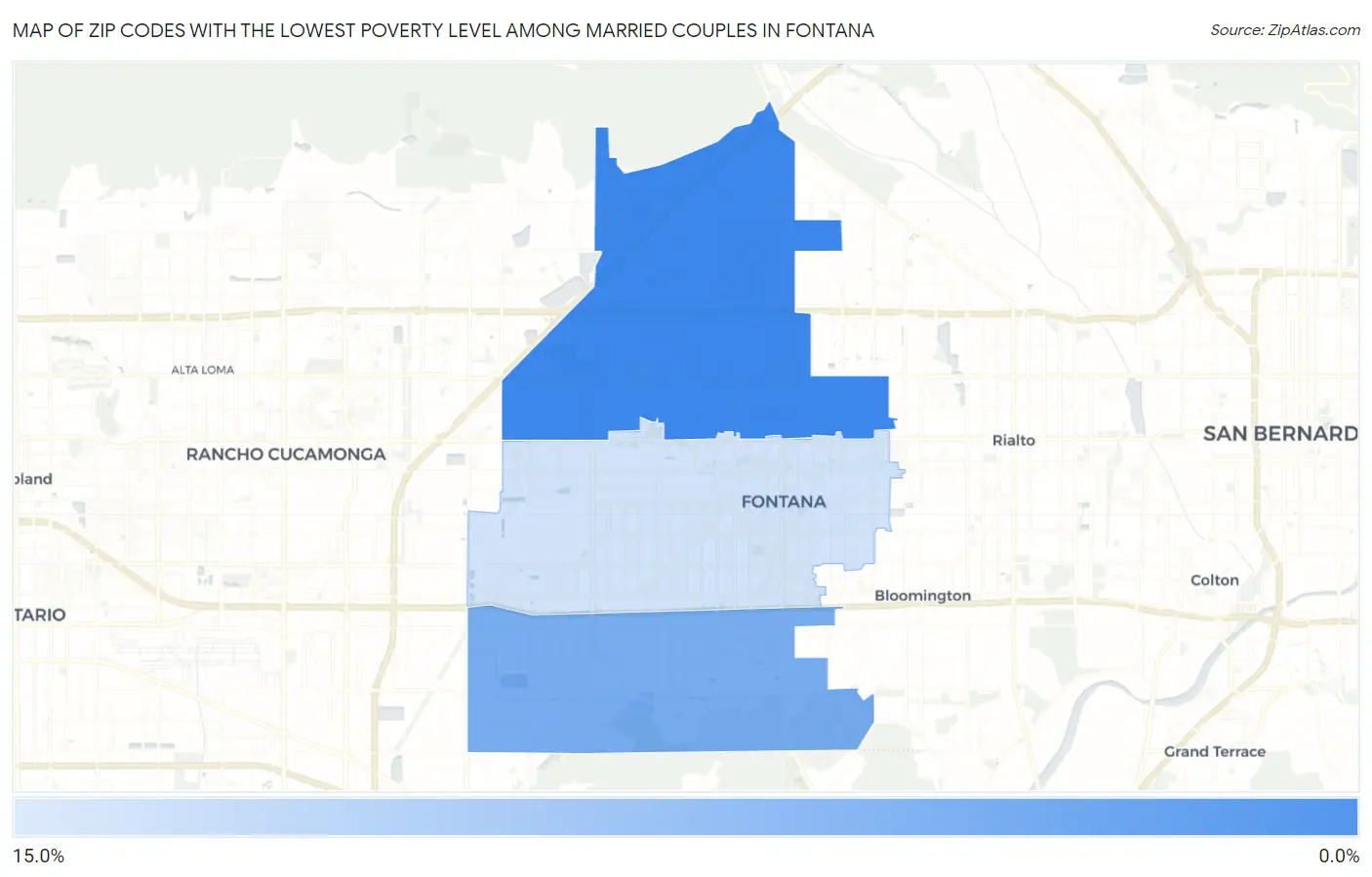 Zip Codes with the Lowest Poverty Level Among Married Couples in Fontana Map