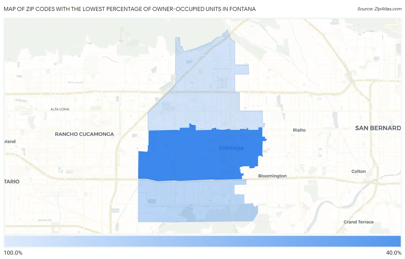 Zip Codes with the Lowest Percentage of Owner-Occupied Units in Fontana Map