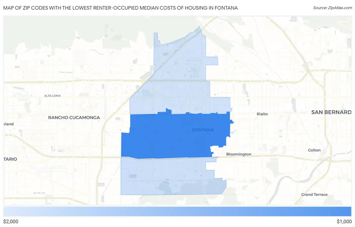 Zip Codes with the Lowest Renter-Occupied Median Costs of Housing in Fontana Map