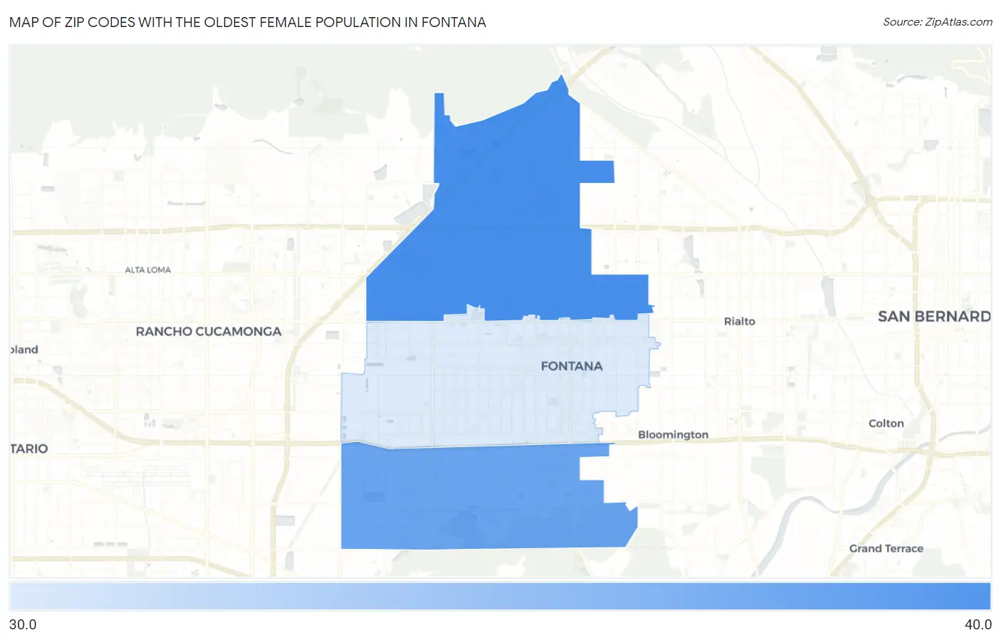 Zip Codes with the Oldest Female Population in Fontana Map