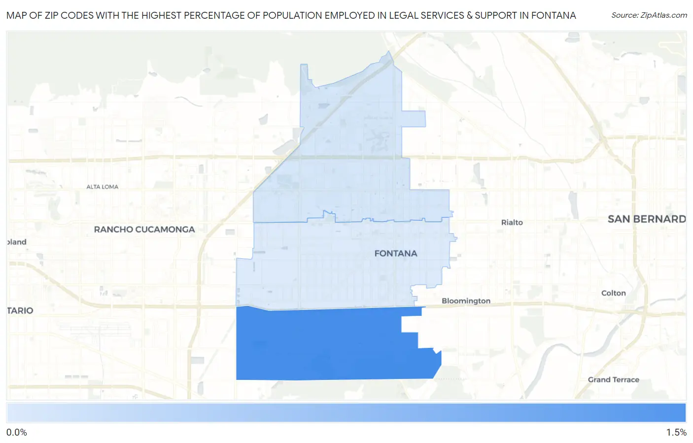 Zip Codes with the Highest Percentage of Population Employed in Legal Services & Support in Fontana Map