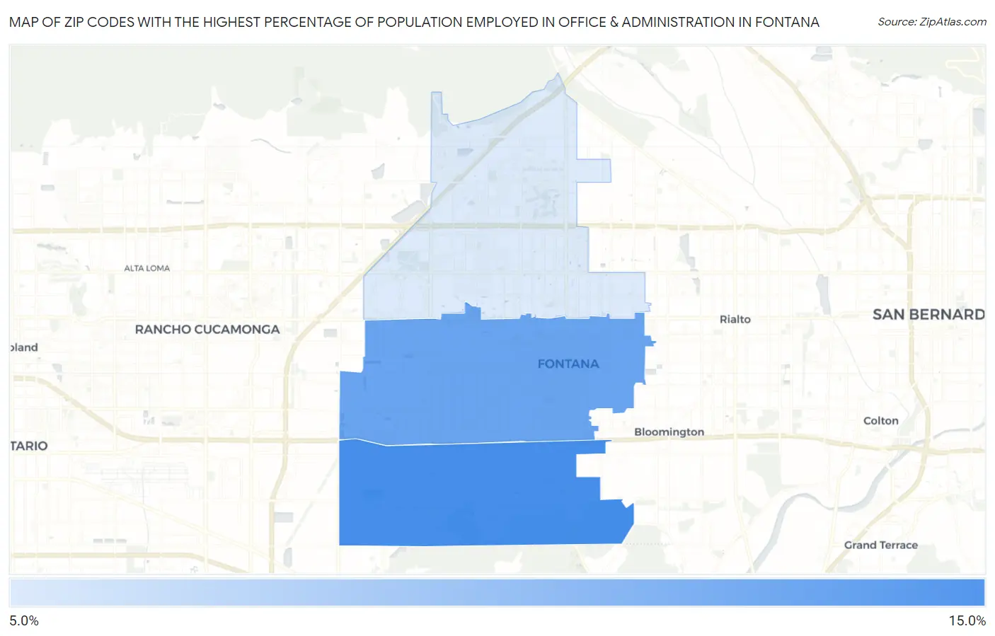 Zip Codes with the Highest Percentage of Population Employed in Office & Administration in Fontana Map