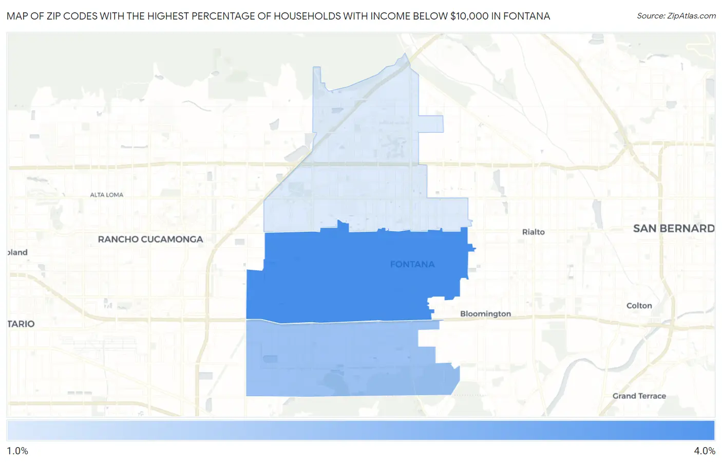 Zip Codes with the Highest Percentage of Households with Income Below $10,000 in Fontana Map