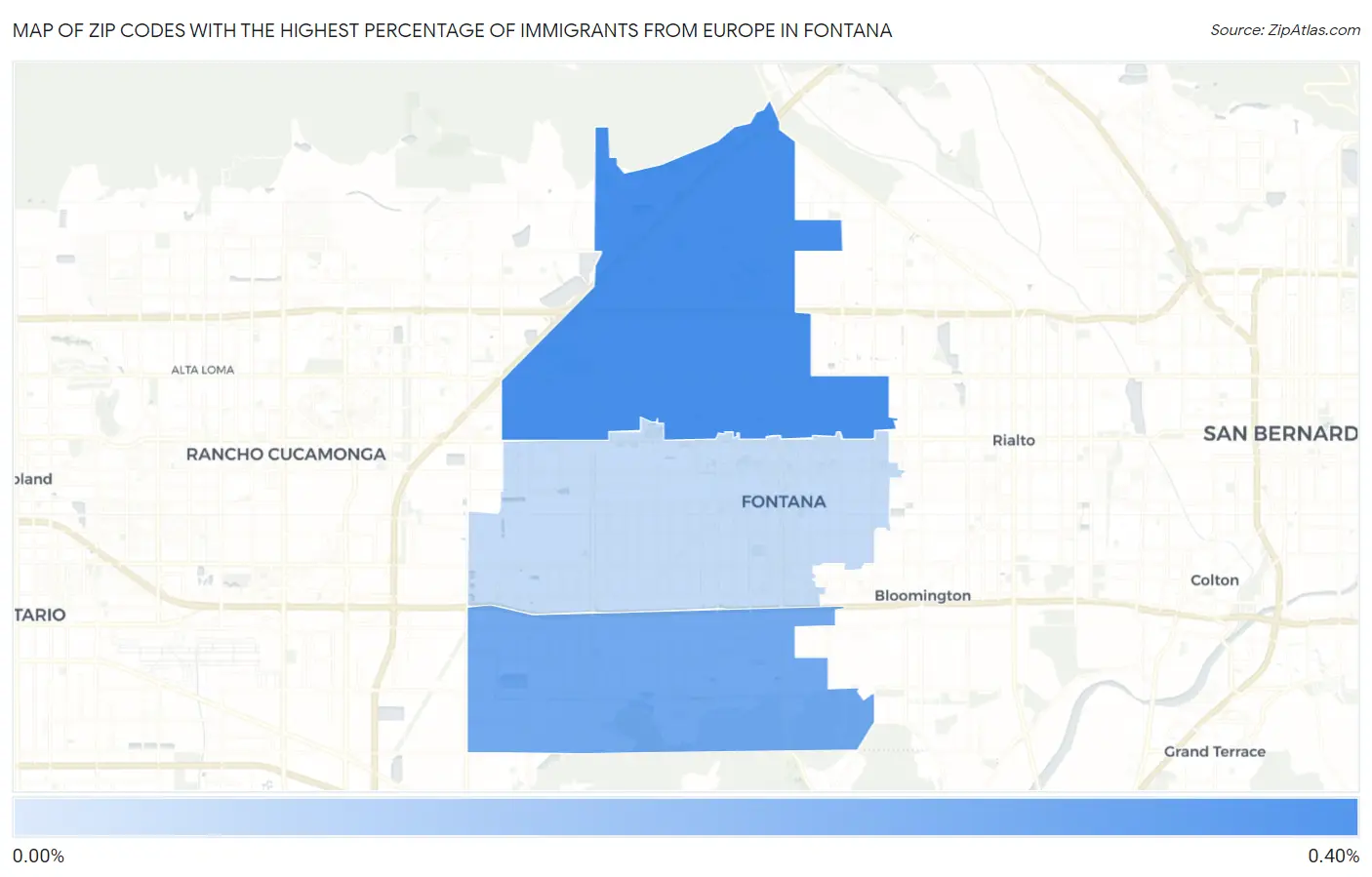 Zip Codes with the Highest Percentage of Immigrants from Europe in Fontana Map