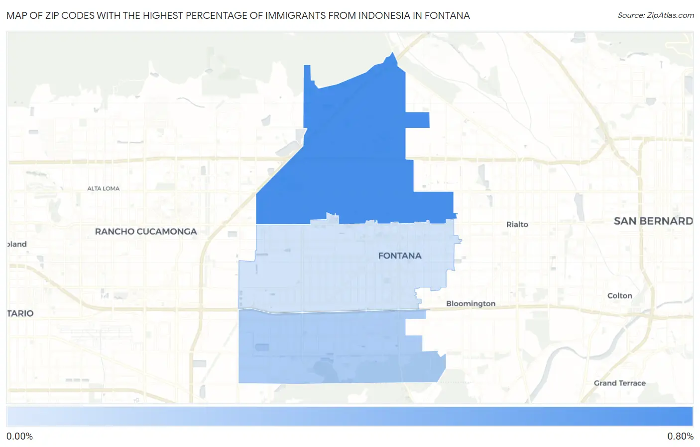 Zip Codes with the Highest Percentage of Immigrants from Indonesia in Fontana Map