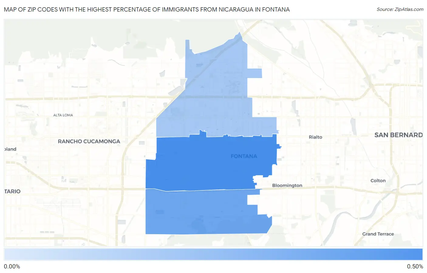 Zip Codes with the Highest Percentage of Immigrants from Nicaragua in Fontana Map