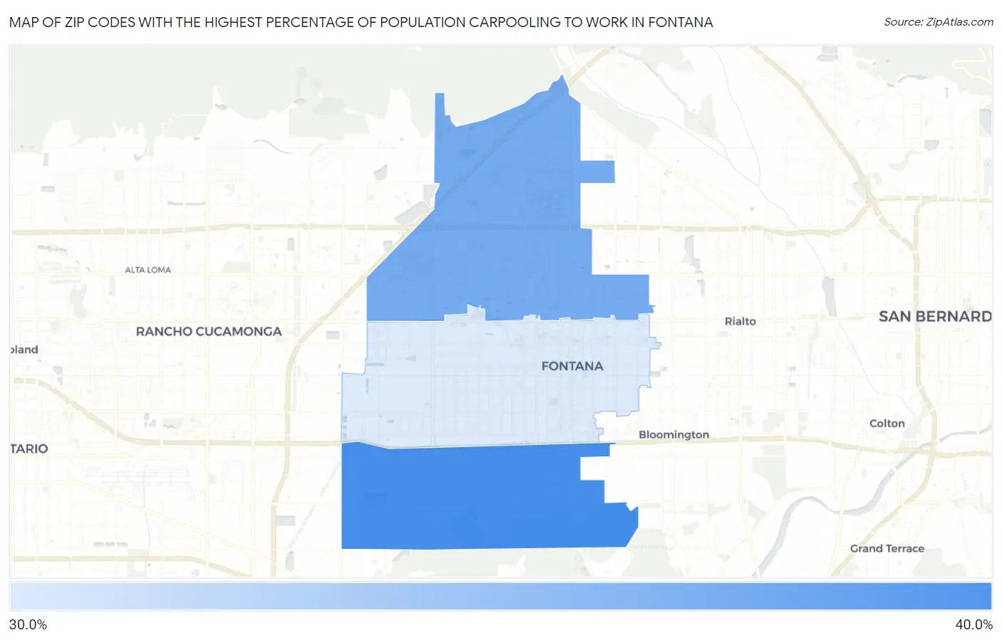 Zip Codes with the Highest Percentage of Population Carpooling to Work in Fontana Map