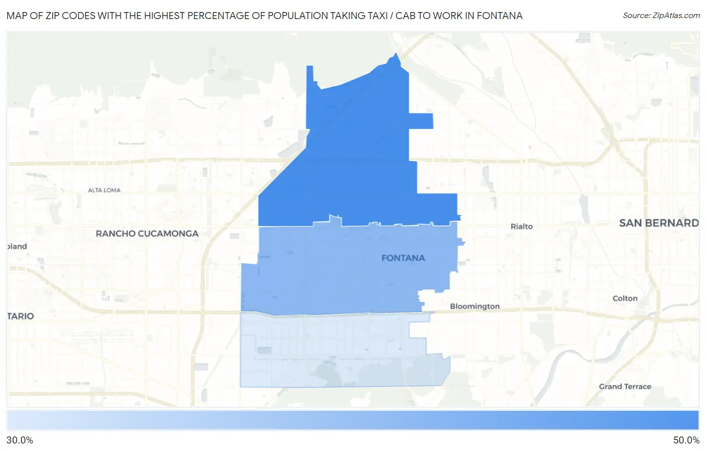 Zip Codes with the Highest Percentage of Population Taking Taxi / Cab to Work in Fontana Map